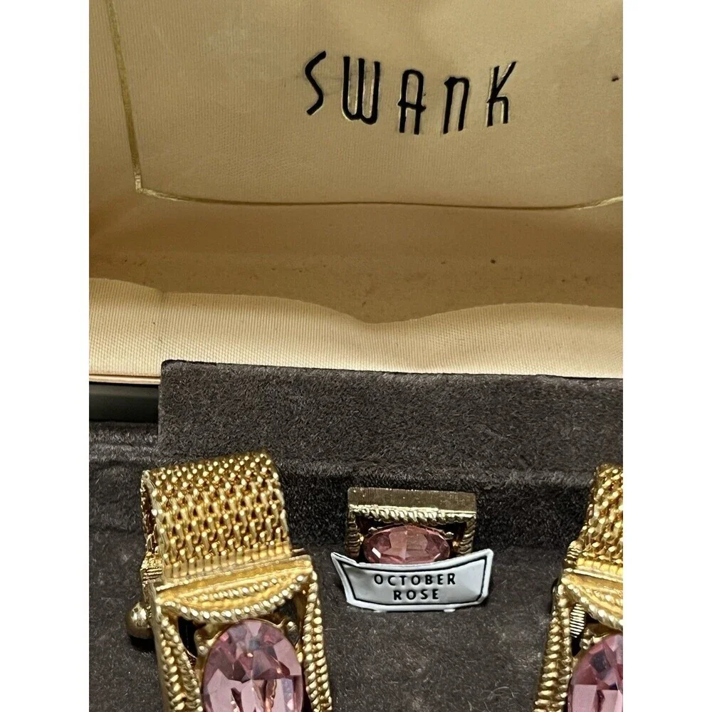 Vintage SWANK October Rose Pink Mesh Cufflinks Tie Tack Set Gold Tone Rare Box